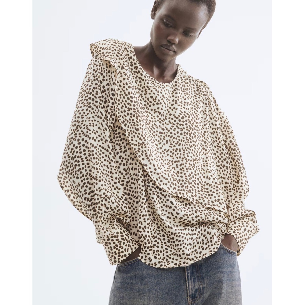 H&M Women Cream Brown Cheetah Animal Print Draped Crossover Blouse Size S